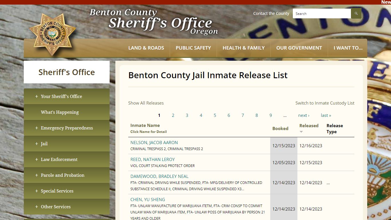 Benton County Jail Inmate Release List | Benton County Oregon